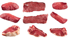Collage Of Isolated Raw Beef Meat Pieces On The White Background