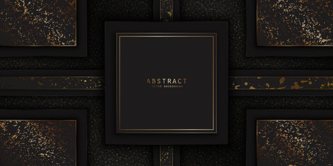 Wall Mural - Vector abstract premium background with shiny glitter, golden spots, a copy space and frame with a linear border. Luxury layered geometric modern banner in black and gold colors with place for text
