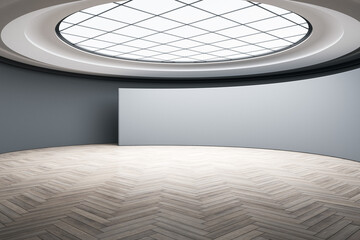 Wall Mural - Empty spacious futuristic design round presentation hall with squared transparent ceiling, wooden parquet floor and grey and dark wall. 3D rendering, mockup