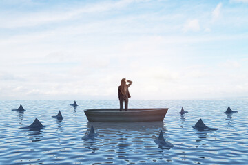 Strategy, leadership and competition concept with back view on businesswoman looking In the distance in a boat in the sea with sharks