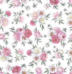 Wall Mural - Seamless pattern with peonies. Floral vintage background. Hand drawn botanical illustration. Colored pencil bouquets.