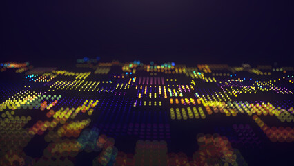 Wall Mural - Futuristic glowing surface in the form of a chip. The concept of big data. Network connection. Cybernetics. Abstract dark background of dots Digital landscape. 3d rendering.
