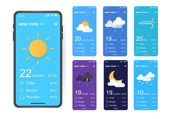 Wall Mural - weather application user interface. ui, ux elements. realistic smartphone with different weather. ve
