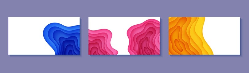 Wall Mural - Set of four horizontal flyers in cut paper style. Blue, yellow and pink template for posters, brochures, presentations, invitations with place for text . Collection of vector cards.