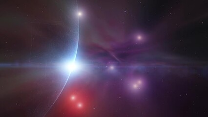 Poster - looping artistic colored cosmos with planet and star light motion.