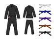 BJJ White Gi flat vector illustration. Kimono and pants with all belts vector illustration in flat style. Brazilian Jiu-Jitsu kit. Isolated. on black background.	
