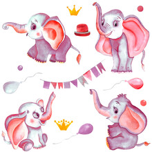 Set Of Watercolor Elephant With Balloons. Romantic Pink And Blue Elephant With Pink Ears. Sweet Animals. Elephant In A Golden Crown. For Children's Invitations, Birthdays, Children's Clothing