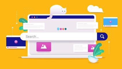 Poster - Web search - Laptop computer with search bar, searching for media online. Vector illustration