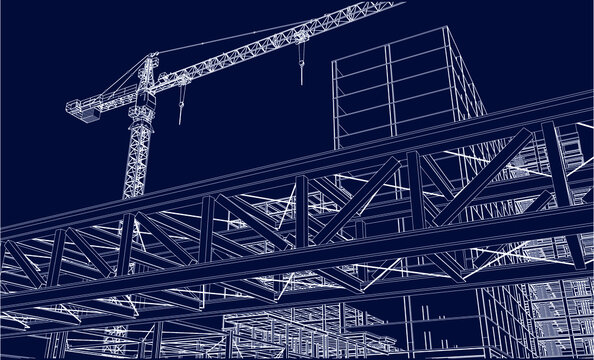 under construction site engineering with tower crane architecture 3D illustration line sketch blueprint