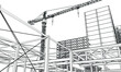 urban under construction site engineering with tower crane 3D illustration line sketch