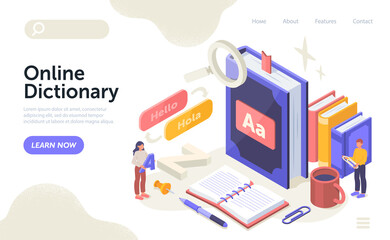 online dictionary service concept. man and woman stand next to large linguistic book and study langu