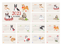 Dog Vector Horizontal Desktop Calendar 2023. Isolated On Beige Background. Collection With 12 Dog Breeds. Cover And 12 Months Pages With Seasonal Illustrations A5. Week Starts On Sunday