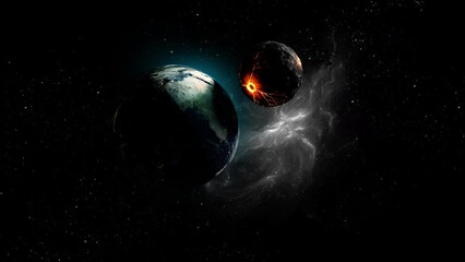 massive dead planet hitting earth causing apocalypse, outer space view 3d rendering, cinematic view 