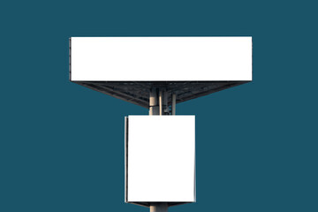 Wall Mural - two blank white billboards or large advertising displays against blue-green background - mockup, fro