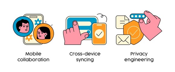 Sticker - Mobile Project Management Tools - set of business concept illustrations. Mobile collaboration, Cross-device syncing, Privacy engineering. Visual stories collection.