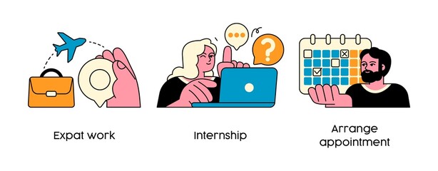 Remote work and travel - abstract business concept illustrations. Expat work, Internship, Arrange appointment. Visual stories collection