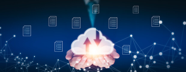 Wall Mural - man touching connect to data information on the cloud computing technology internet storage network 