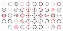 Crosshair, Gun Sight Vector Icons. Bullseye, Black Target Or Aim Symbol. Military Rifle Scope, Shooting Mark Sign. Targeting, Aiming For A Shot. Archery, Hunting And Sports Shooting. Game UI Element.