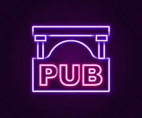 Poster - Glowing neon line Street signboard with inscription Pub icon isolated on black background. Suitable for advertisements bar, cafe, restaurant. Colorful outline concept. Vector