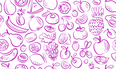Wall Mural - Fruits and berries seamless background. Healthy farm organic food pattern texture. Doodle vector illustration