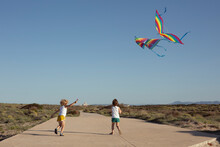 Happy Little Brother Launching Colorful Kites In Countryside