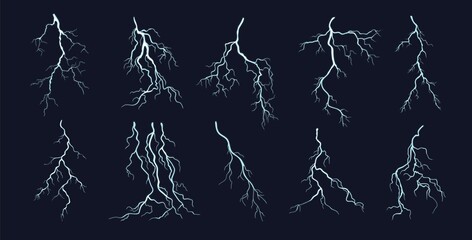 Flashing lightnings set on black vector illustration. Storm and natural electricity effects demonstration in cartoon style, isolated