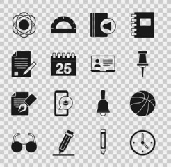 Poster - Set Clock, Basketball ball, Push pin, Audio book, Calendar, Exam sheet and pencil, Atom and Online class icon. Vector