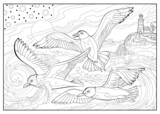 Fototapeta Dinusie - Seascape with seagulls flying between the waves. Coloring book for children and adults. Image in zentangle style. Printable page for drawing and meditation. Black and white vector illustration.