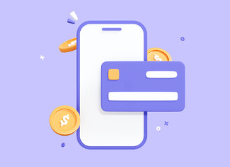 Wall Mural - 3D Phone with credit card and coin. Online payment concept. Mobile wallet app. Transfer money via smartphone. Shopping with wireless pay. Banking application. Cartoon purple icon. 3D Rendering