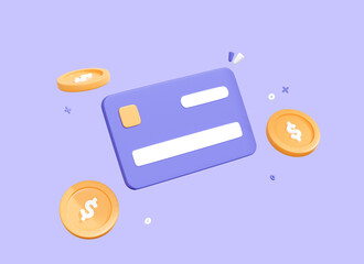 3D Credit Card with coin. Online payment concept. Wallet and money. Purchase and shopping with card. Sending or receiving salary and finances. Cartoon icon isolated on purple background. 3D Rendering