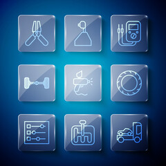 Poster - Set line Car settings, Gear shifter, transporter truck, Multimeter, Paint spray gun, Chassis car, battery jumper power cable and tire wheel icon. Vector