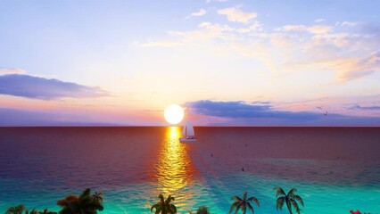 Wall Mural - 4K 25 Fps. Sea expanse landscape view of small yacht boat sailing. Beautiful blue sea and large calm waves float on the Atlantic Ocean. Ocean and sky background landscape. Sunset sky. 3D Animation. 