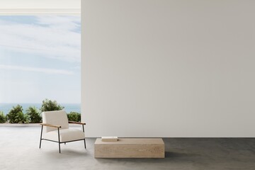 Wall Mural - Lounge armchair in a white room with concrete floor,coffe table, decor and plants with sea view. 3d render. Mockup frame for presentation