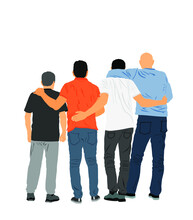 Senior Friends Hugging Together To Make A Photo Picture Vector Illustration Isolated On White Background. Sport Fan Crew Watching Soccer Game. Man With Companions Togetherness Hug Back View