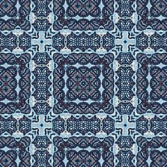 Naklejka na meble Indigo blue red batik geo nautical seamless pattern. Modern marin geometric kaleidoscope sailor print. Nantucket fabric textile style. Summer rustic masculine worn linen effect maritime decor. 