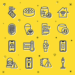 Sticker - Set line Vacuum cleaner, Smartphone battery charge, Voice assistant, light bulb, Fingerprint, Digital door lock and icon. Vector