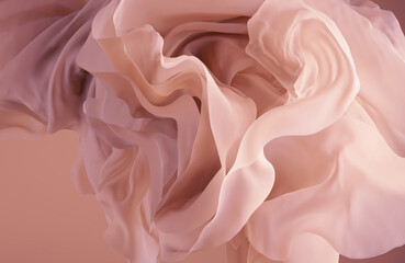 3d render, abstract background with delicate pink waving veil, floating drapery, crumpled silky text