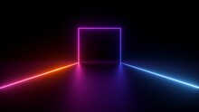3d Render, Abstract Black Background With Red Pink Blue Neon Geometric Line Glowing In Ultraviolet Spectrum, Square Frame
