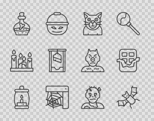 Canvas Print - Set line Camping lantern, Flying bat, Cat, Spider web, Bottle with potion, Guillotine, Zombie mask and Chocolate bar icon. Vector