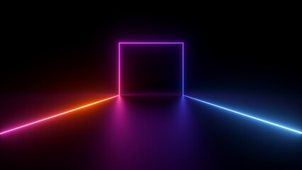 Wall Mural - 3d render, abstract black background with red pink blue neon geometric line glowing in ultraviolet spectrum, square frame