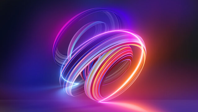 Wall Mural -  - 3d render, colorful background with abstract shape glowing in ultraviolet spectrum, curvy neon lines. Futuristic energy concept