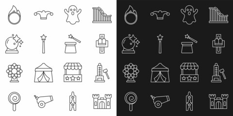 Sticker - Set line Castle, Striker attraction with hammer, Attraction carousel, Ghost, Magic wand, ball, Circus fire hoop and hat icon. Vector