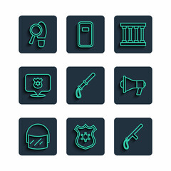 Sticker - Set line Police helmet, badge, rubber baton, Prison window, Footsteps and Megaphone icon. Vector