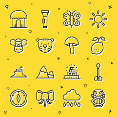 Sticker - Set line Mexican mayan or aztec mask, Arrow, Lemon, Butterfly, Tiger head, Monkey, African hut and Mushroom icon. Vector