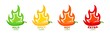 Spicy level labels with fire flames of peppers, mild, medium and extra hot vector symbols. Spicy food taste level or scale icons with burning flame of chili pepper, jalapeno or Tabasco sauce