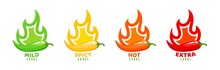 Spicy Level Labels With Fire Flames Of Peppers, Mild, Medium And Extra Hot Vector Symbols. Spicy Food Taste Level Or Scale Icons With Burning Flame Of Chili Pepper, Jalapeno Or Tabasco Sauce