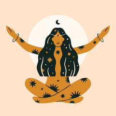 young spiritual woman sitting with legs crossed and arms raised to the moon. witch and celestial con
