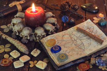 Wall Mural - Wicca, esoteric and occult still life with vintage magic objects on witch table altar for mystic rituals and fortune telling. Halloween and gothic concept