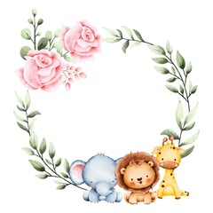 Watercolor Illustration Cute Baby Animal Frame template 