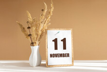 november 11. 11th day of month, calendar date.White vase with dried flowers on desktop in rays of sunlight on white-beige background. Concept of day of year, time planner, autumn month
